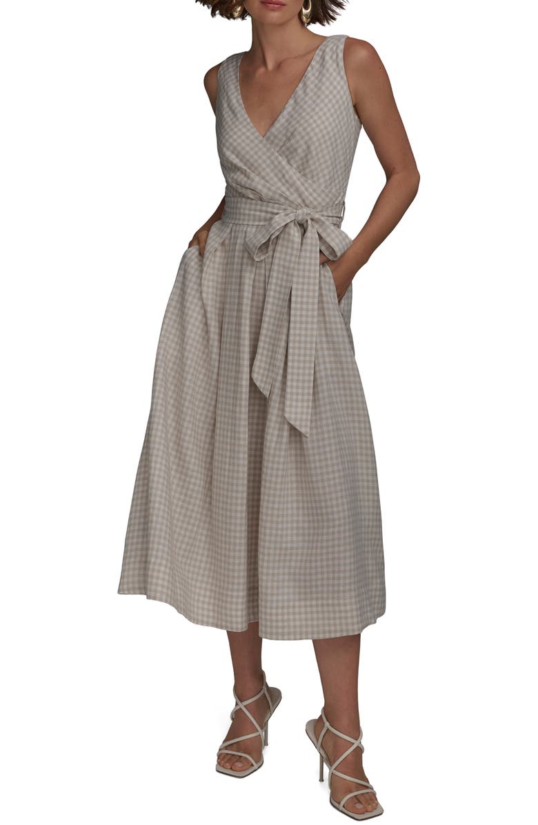 Donna Karan New York Gingham Linen Blend Faux-Wrap Midi Dress, Main, color, Tuscan Grey