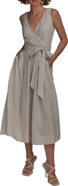 Donna Karan New York Gingham Linen Blend Faux-Wrap Midi Dress