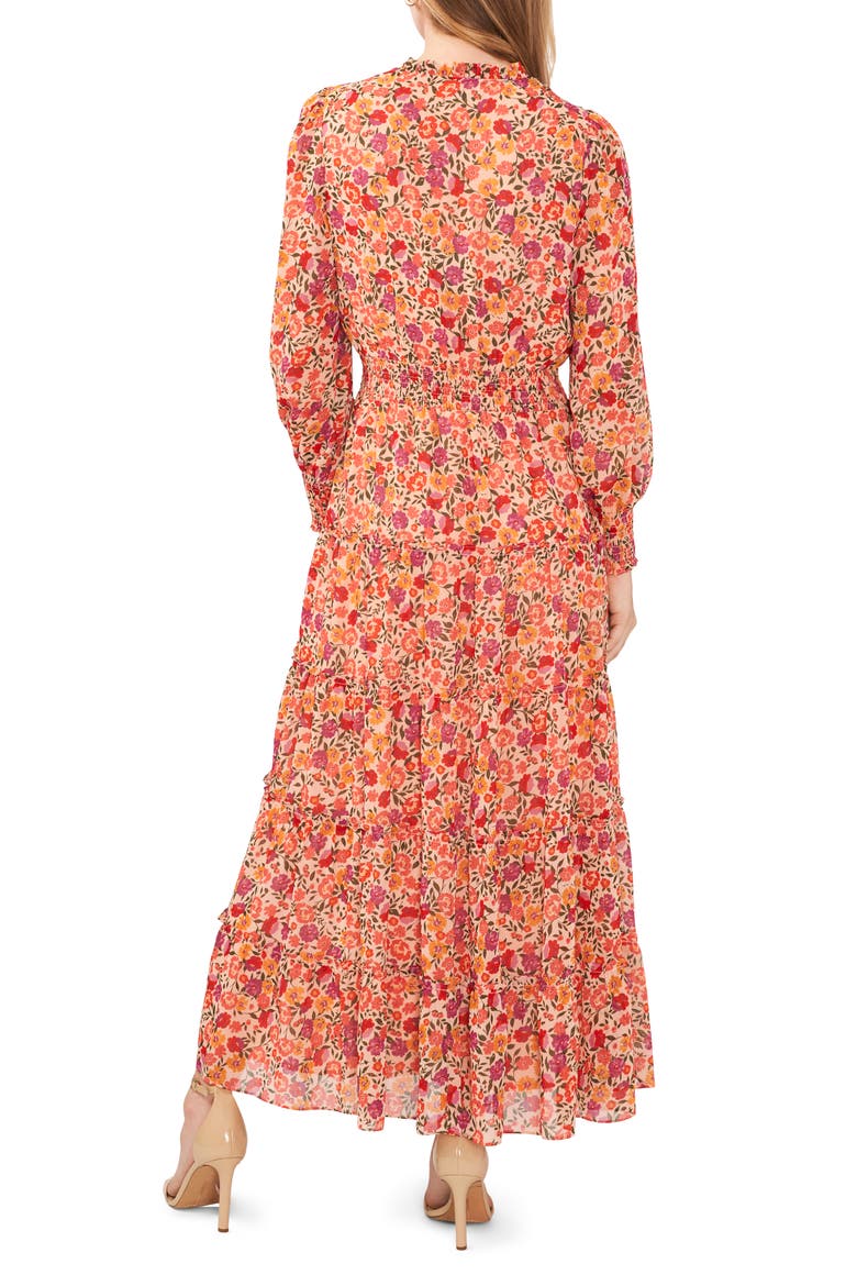 Floral Smocked Waist Long Sleeve Tiered Midi Dress, Alternate, color, PEACH/MULTI