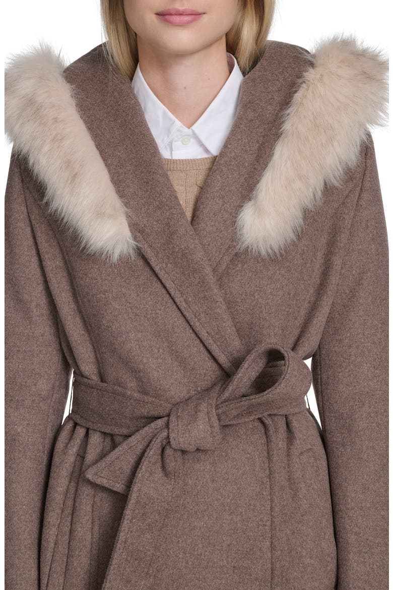 Slick Wool Blend Coat with Faux Fur Trim Hood, Alternate, color, PORTOBELLO