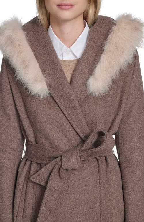 Cole Haan Slick Wool Blend Coat With Faux Fur Trim Hood In Brown