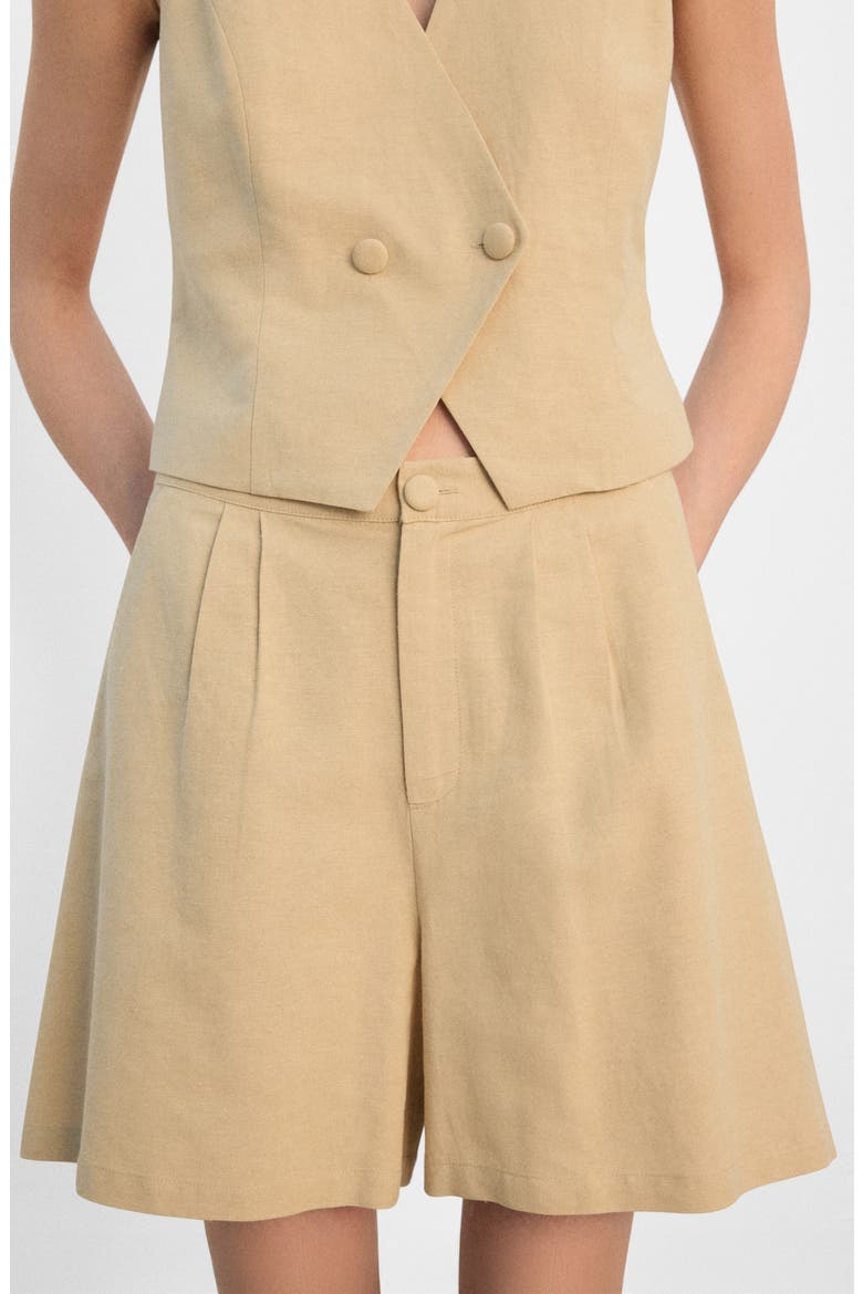 Pleated Straight Fit Cotton & Linen Blend Bermuda Shorts, Main, color, MUSTARD