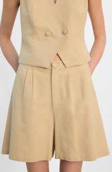Pleated Straight Fit Cotton & Linen Blend Bermuda Shorts