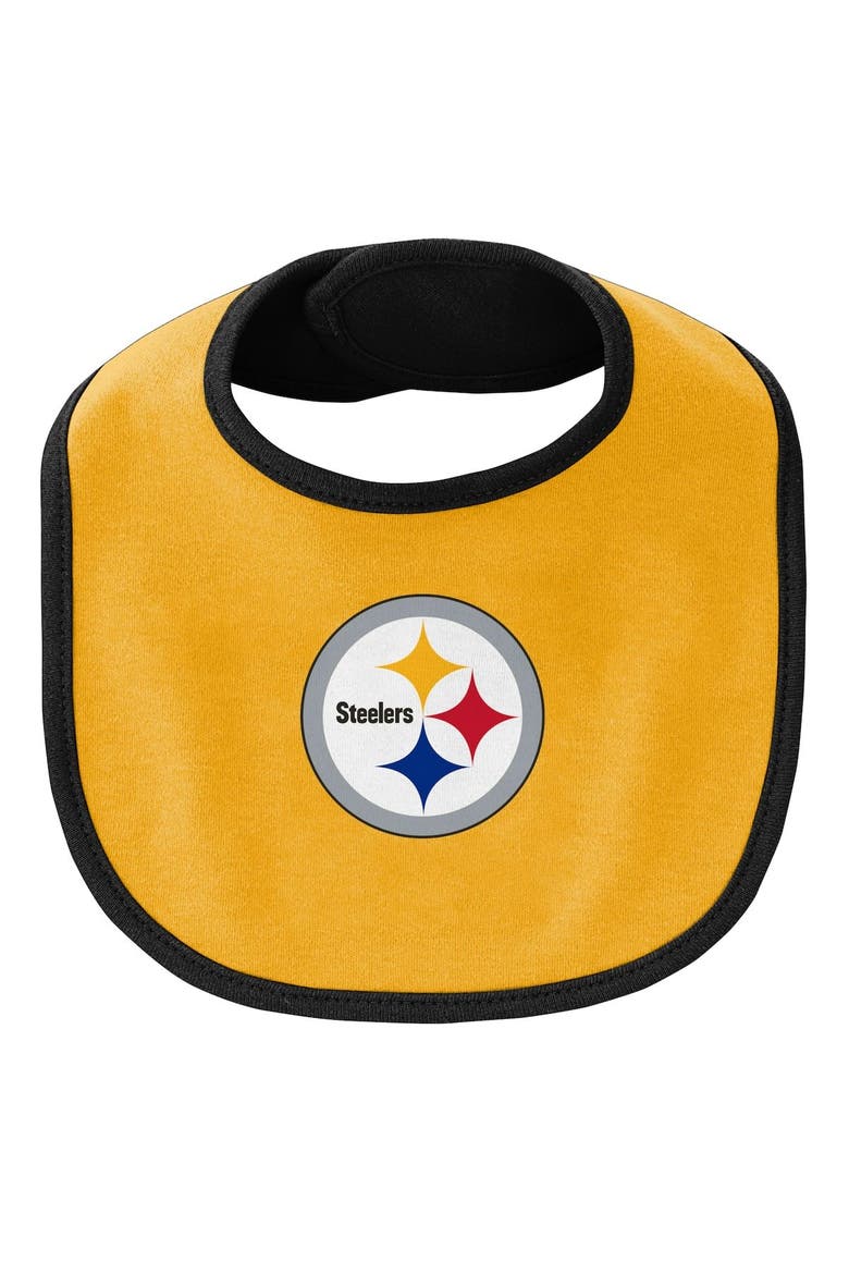 Newborn & Infant Black/Gold Pittsburgh Steelers Little Champ Three-Piece Bodysuit Bib & Booties Set, Alternate, color, Black