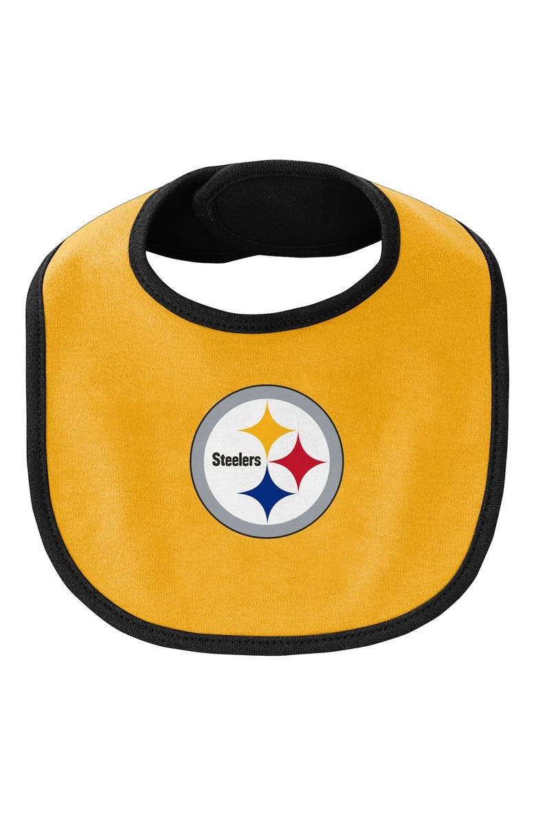 Outerstuff Newborn & Infant Black/Gold Pittsburgh Steelers Little Champ Three-Piece Bodysuit Bib & Booties Set, Alternate, color,