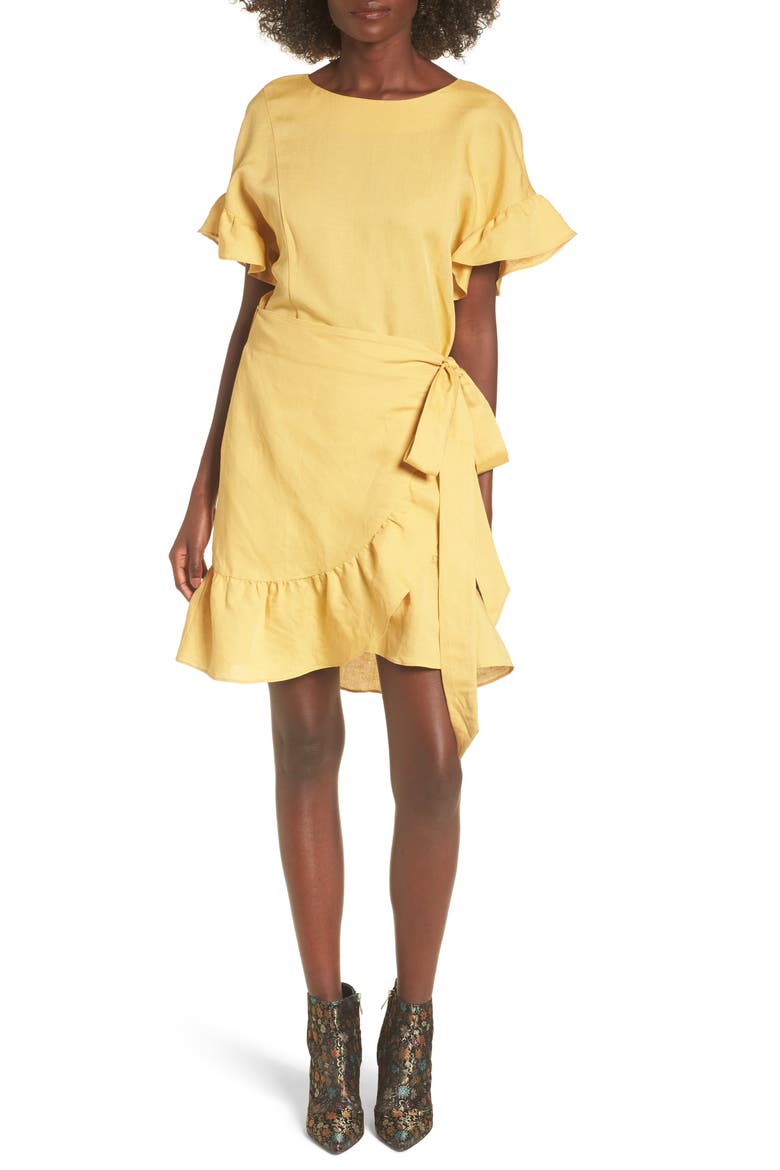the Label Ruffle Linen Blend Wrap Dress, Main, color, YELLOW MINERAL