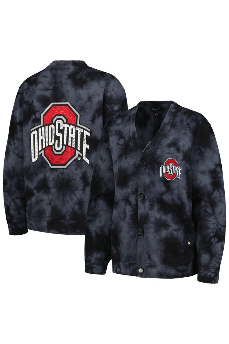 Women's The Wild Collective Black Ohio State Buckeyes Jeweled Tie-Dye Button-Up V-Neck Sweater, Main, color, Black