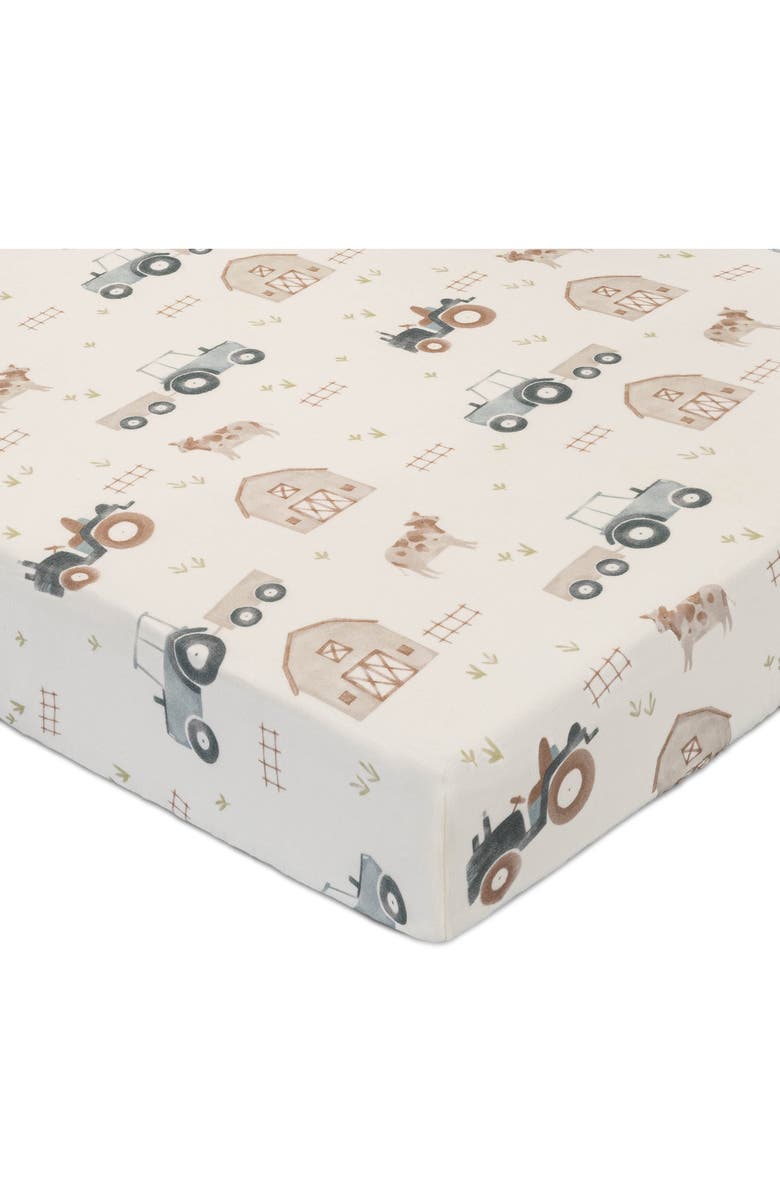 CRANE BABY Tractor Fitted Cotton Crib Sheet, Main, color, Beige