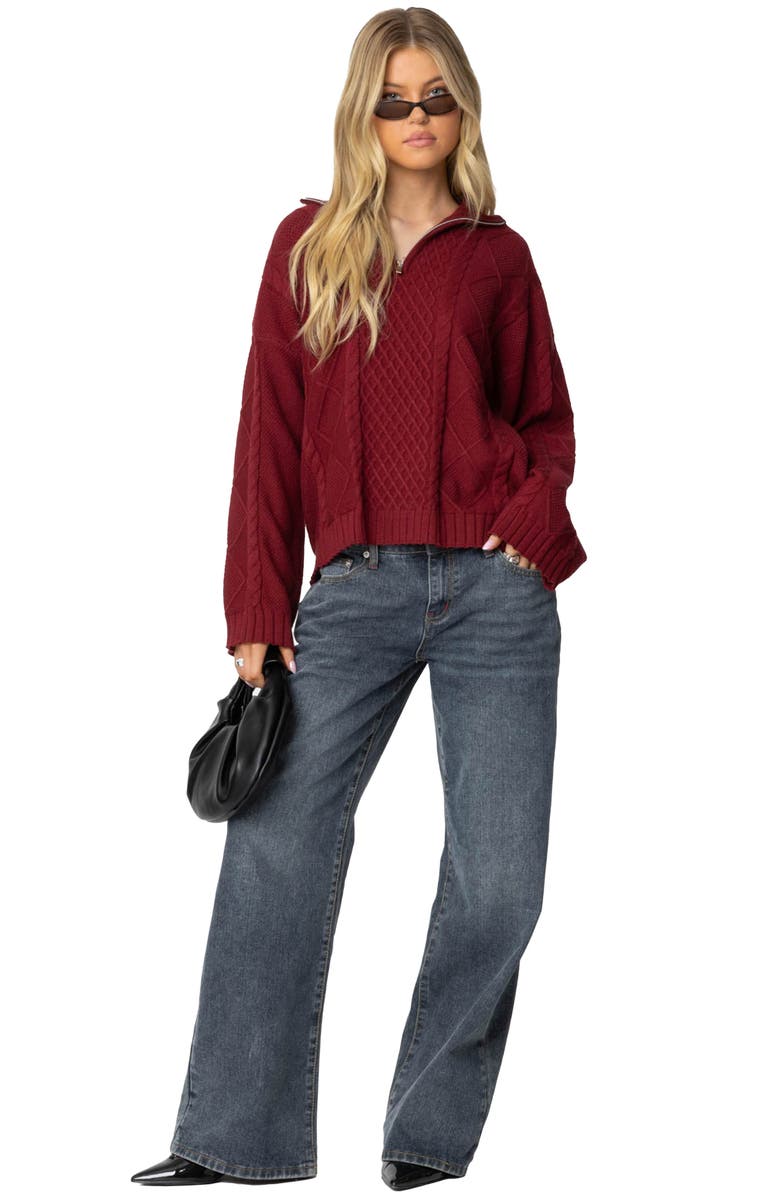 EDIKTED Cable Stitch Oversize Quarter Zip Pullover Sweater, Alternate, color, Burgundy