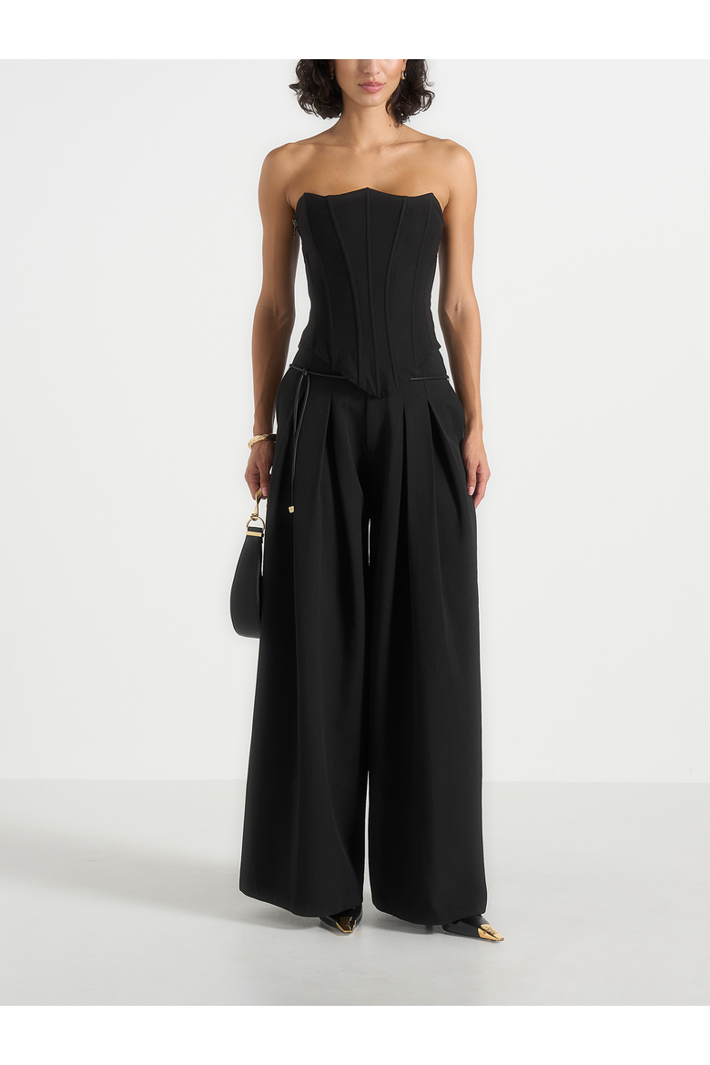 Flora Box Pleat Wide Leg Belted Trousers, Alternate, color, Black