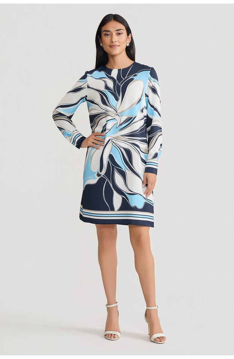 Ming Wang Floral Abstract Crepe de Chine Shift Dress, Main, color, Indigo/White/Serene
