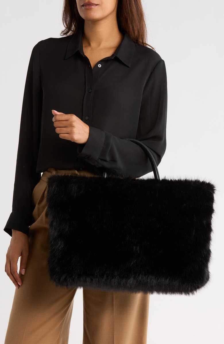 BCBG Faux Fur Tote Bag with Pouch, Alternate, color, Black