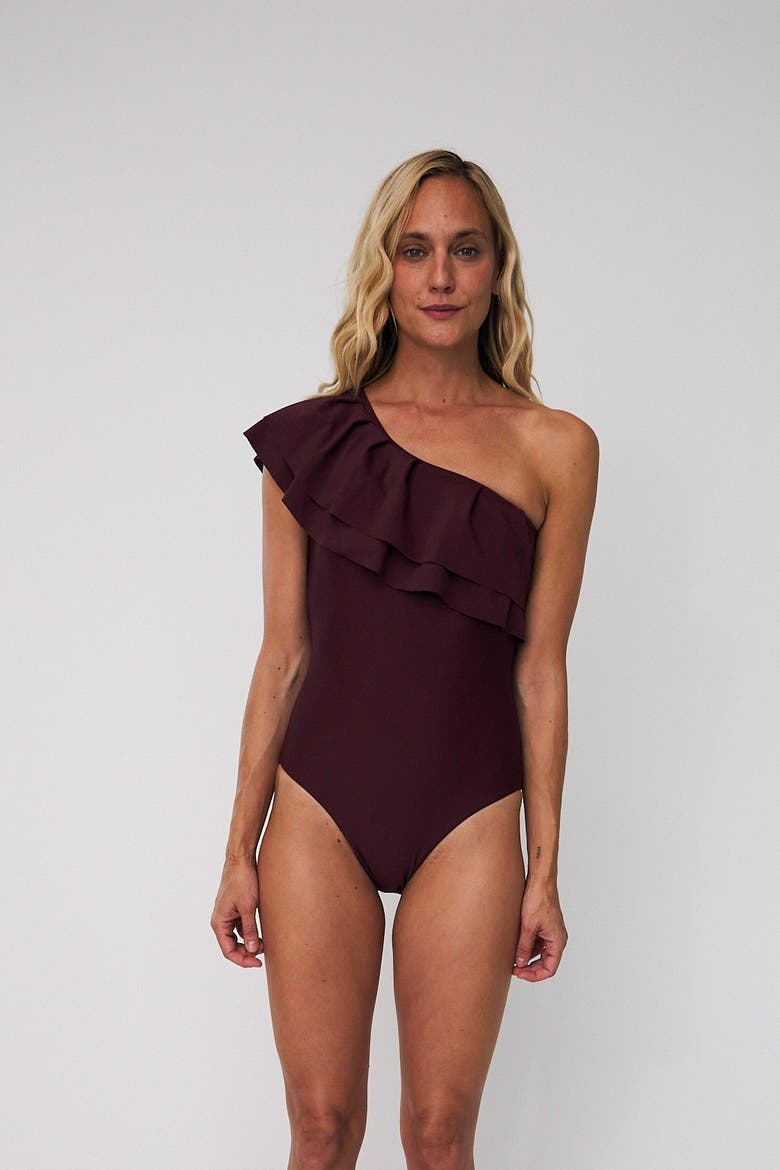 Najacras Ruffle One Shoulder Swimsuit, Main, color, Port Royal