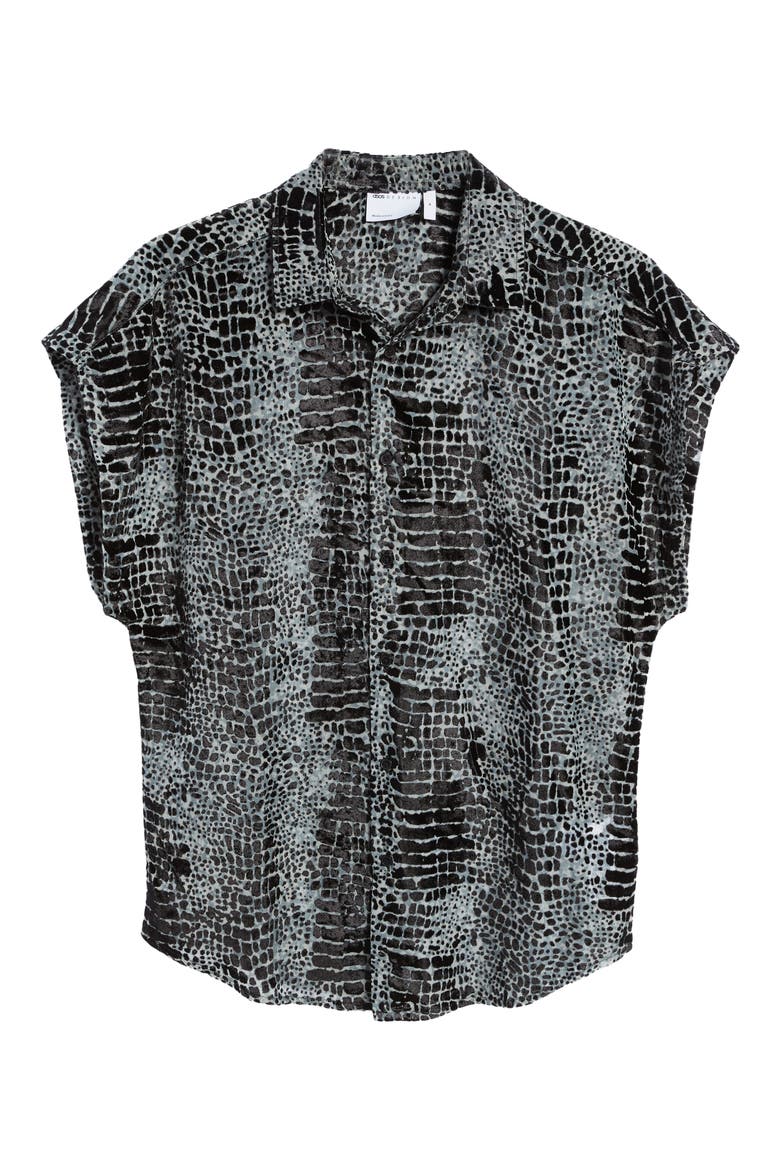 Snakeskin Print Cap Sleeve Button-Up Shirt, Alternate, color, BLACK