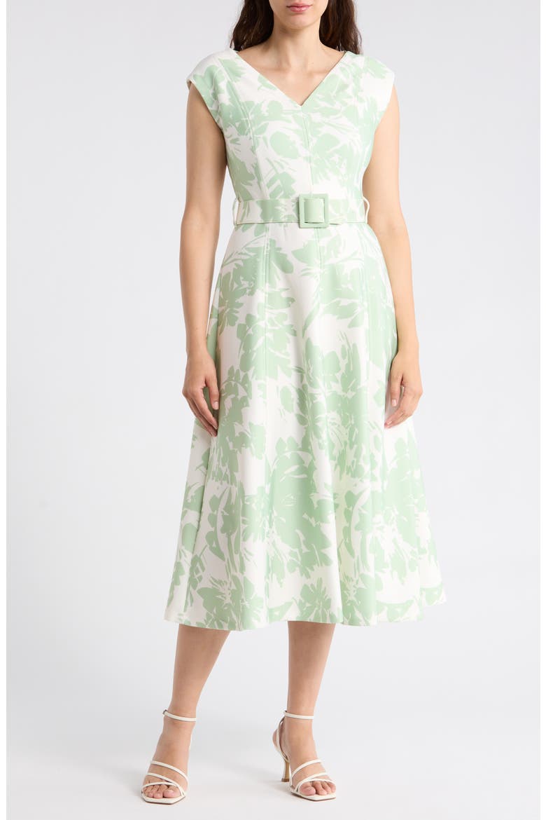 Cap Sleeve Belted Midi Dress, Main, color, SAGE/ CREAM