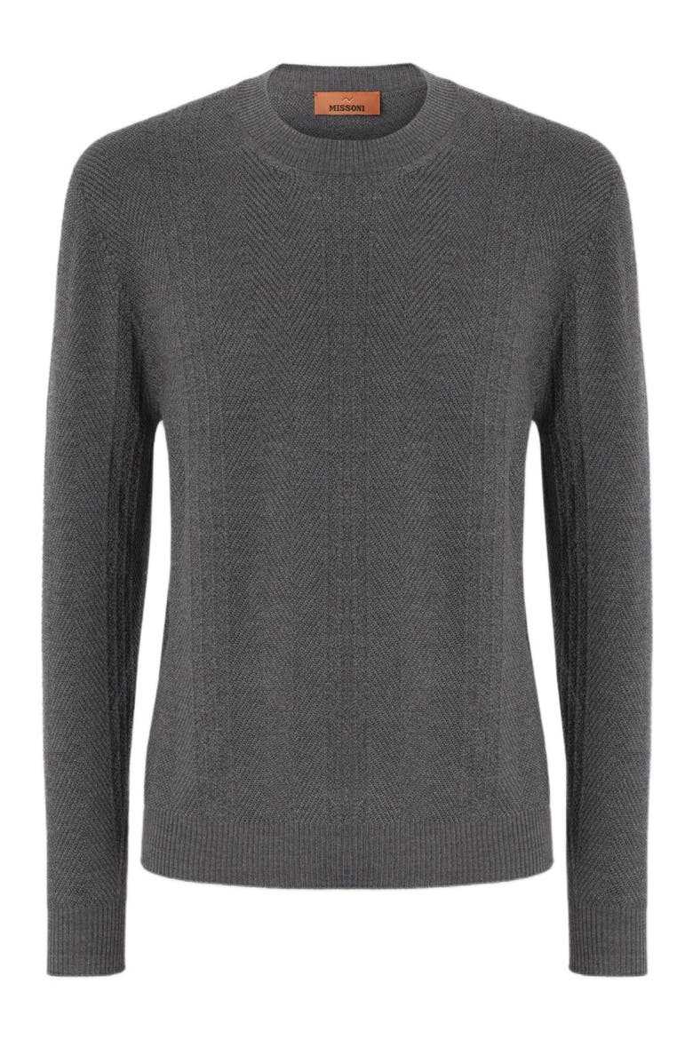 Crew Neck Sweater In Wool With Chevron Pattern, Alternate, color, Grey