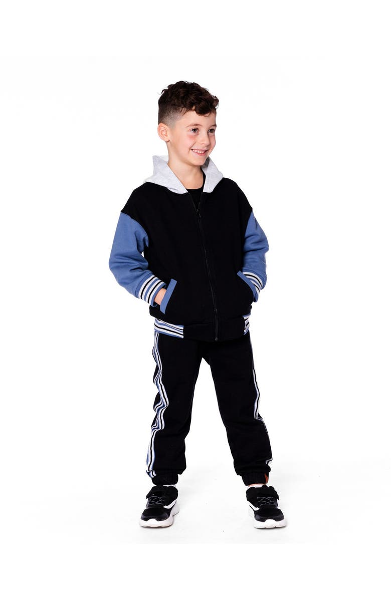 Deux par Deux Full Zip Hooded Fleece Jacket Varsity, Alternate, color, Black