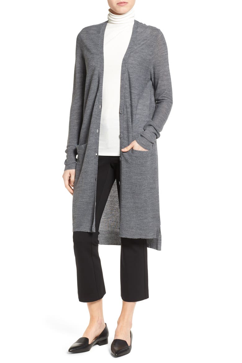 Merino Blend Long Cardigan, Main, color, GREY DARK HEATHER