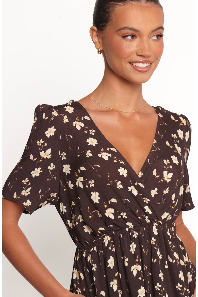 Raschelle Faux Wrap Romper, Alternate, color, BROWN DITSY
