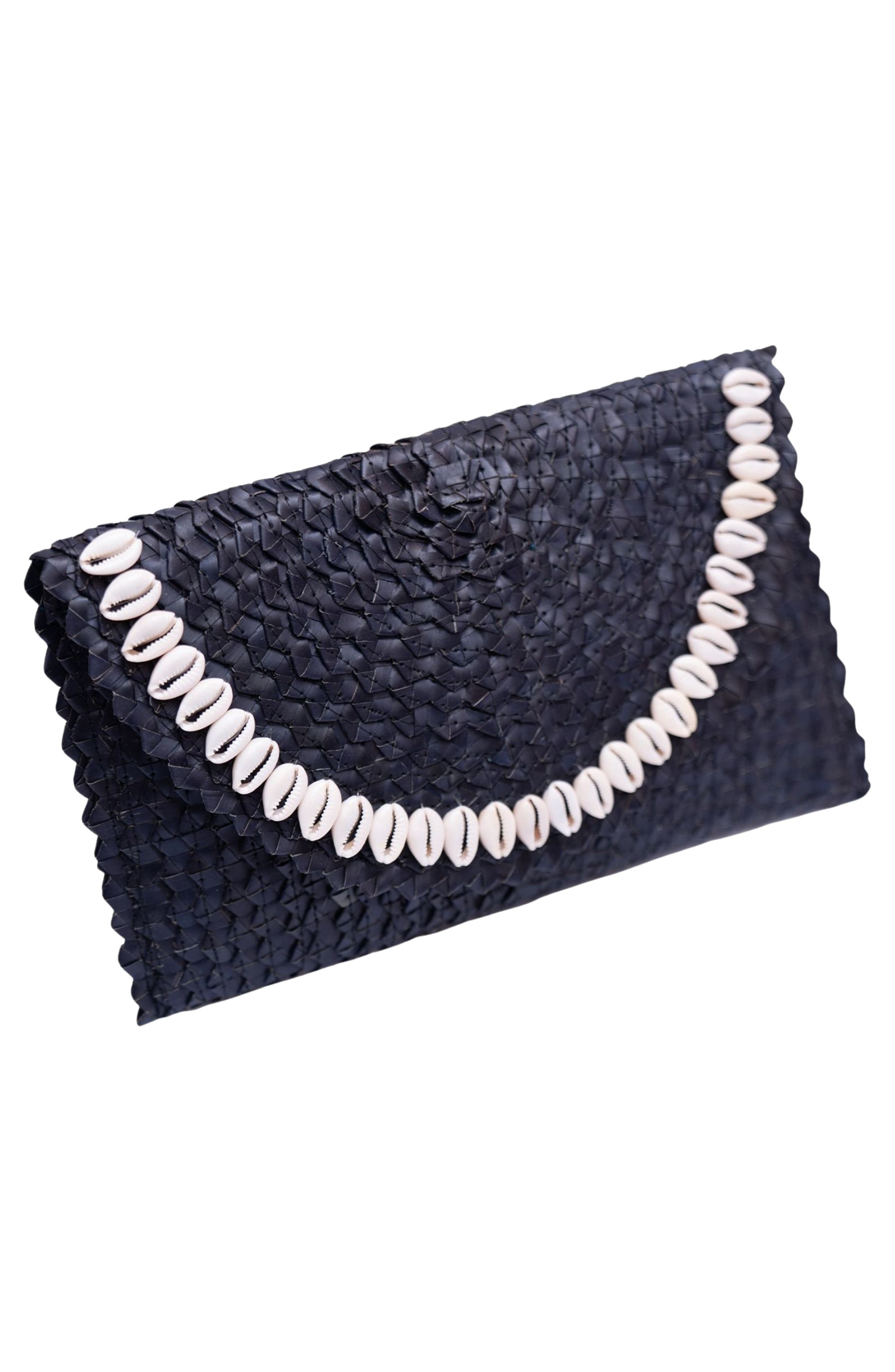 Jelavu Coco Seashell Trim Raffia Clutch, Alternate, color, Black