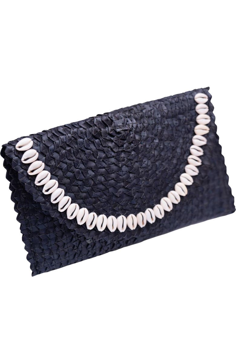 Jelavu Coco Seashell Trim Raffia Clutch, Alternate, color, Black