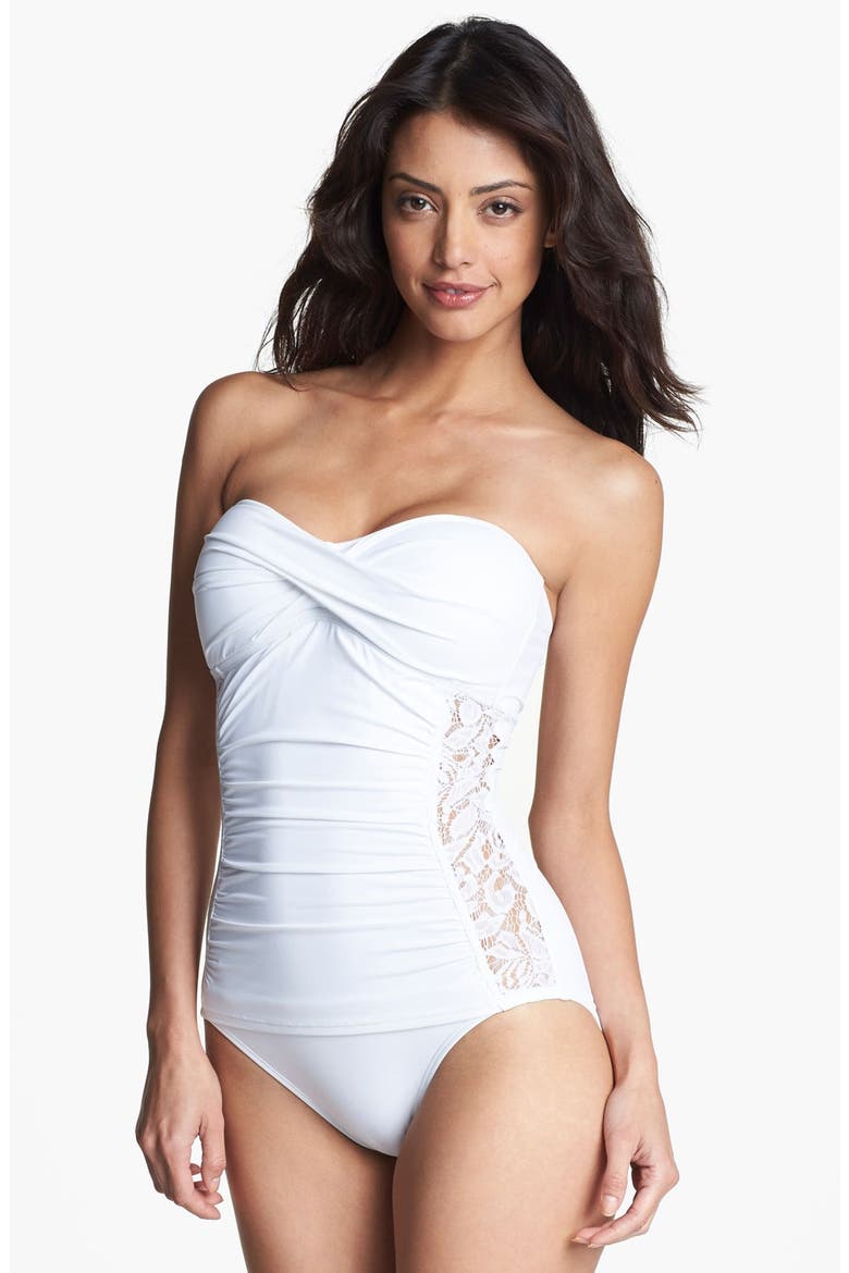 Lace Inset One Piece Bandeau Swimsuit, Main, color, WHITE