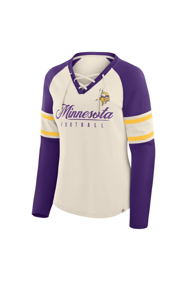 Women's Fanatics Cream/Purple Minnesota Vikings Hometown Gridiron Hero Raglan Lace-Up V-Neck Long Sleeve T-Shirt, Alternate, color, Cream