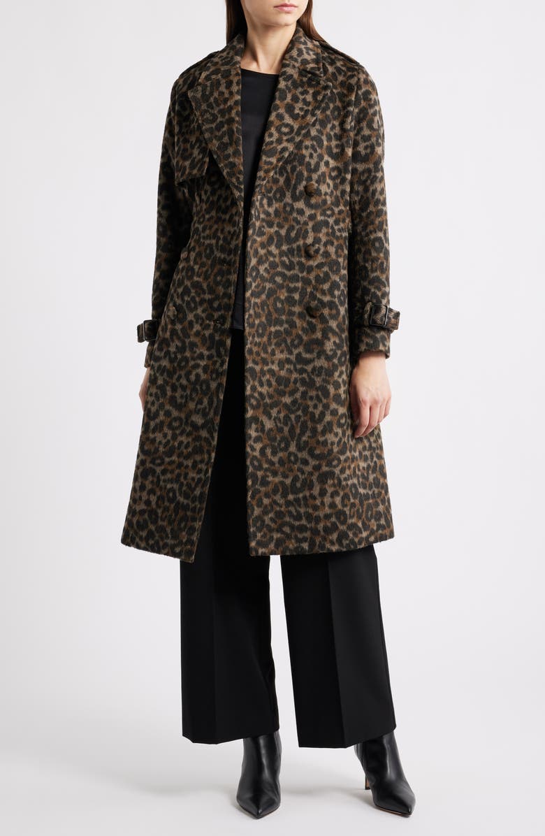 Elie Tahari The Courtney Leopard Print Belted Coat, Alternate, color, Leopard Brown