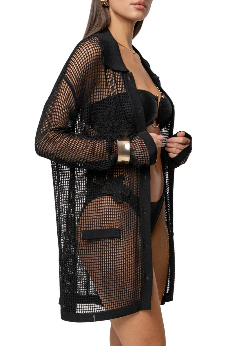 JLUXLABEL Solara Floral Appliqué Open Stitch Cover-Up Shirt, Alternate, color, Black