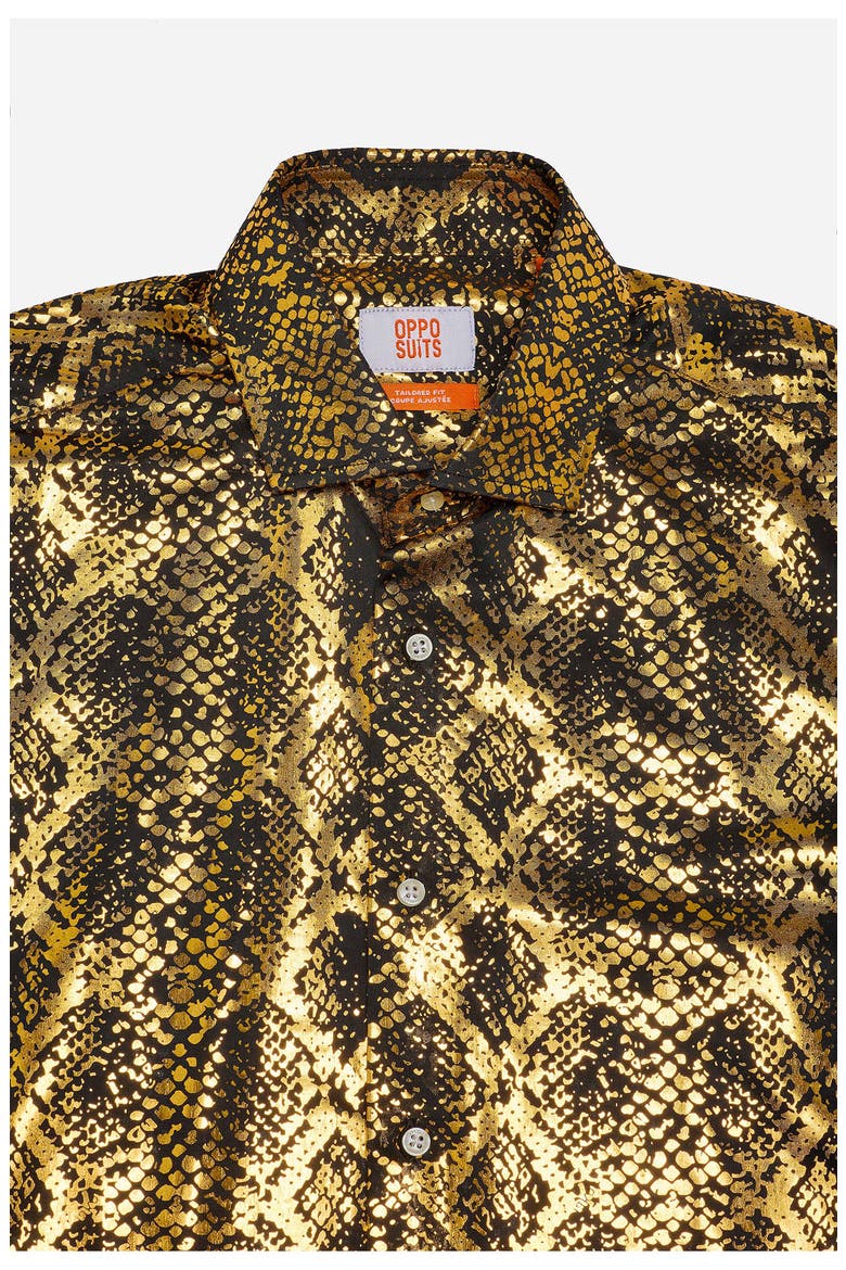 Modern Tailored Fit Shiny Snake Wrinkle Resistant Button-Up Shirt, Alternate, color, GOLD