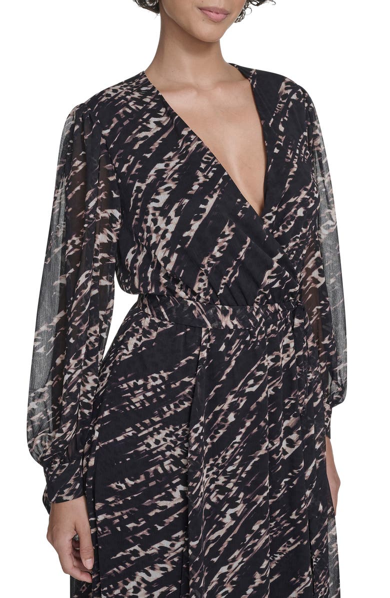 Calvin Klein Long Sleeve Chiffon A-Line Midi Dress, Alternate, color, Black Multi