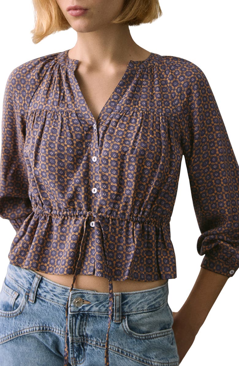 MANGO TEEN Flowy Print Button-Up Shirt, Main, color, Dark Navy