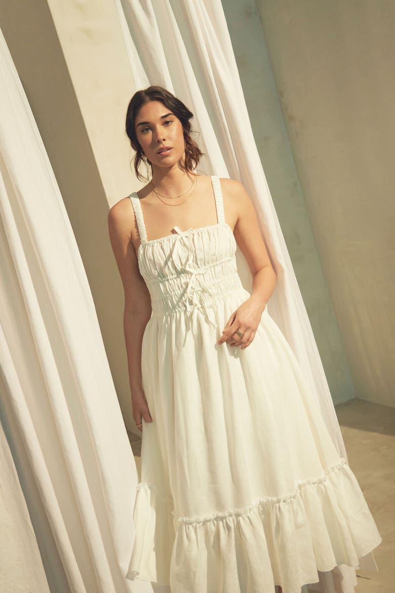 Amara Ruched Midi Linen Dress in Pristine, Alternate, color, Pristine