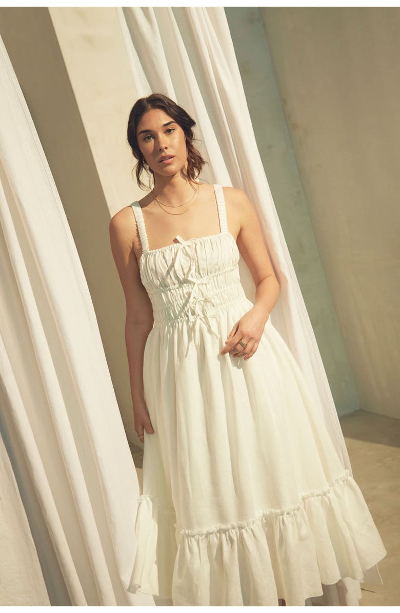 Vasiliki Amara Ruched Midi Linen Dress in Pristine, Alternate, color, Pristine