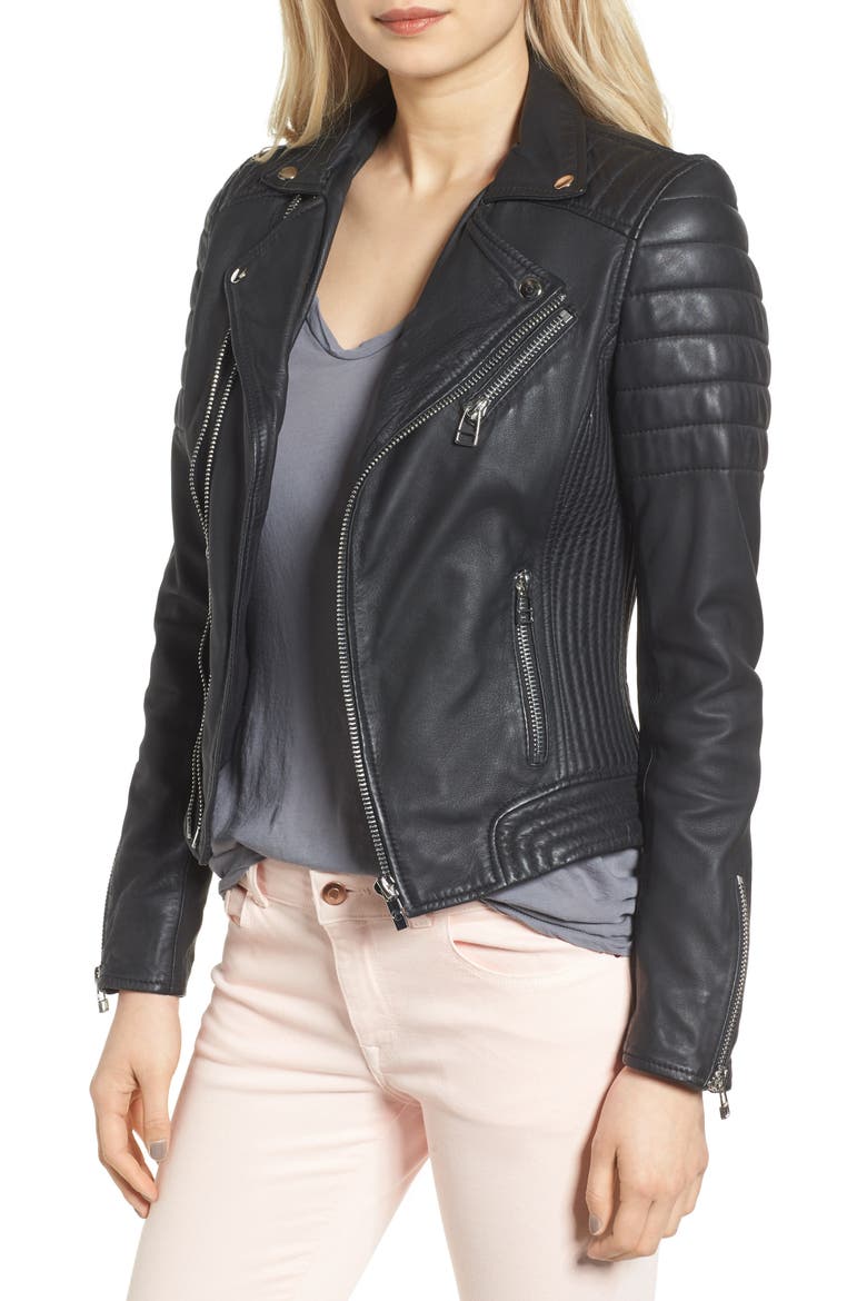Dual Zip Leather Biker Jacket, Main, color, BLACK