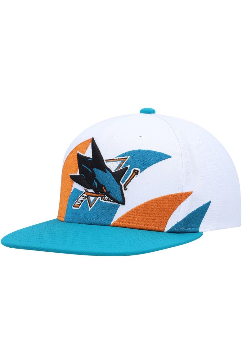 Men's Mitchell & Ness White/Aqua San Jose Sharks Vintage Sharktooth Snapback Hat, Main, color, White