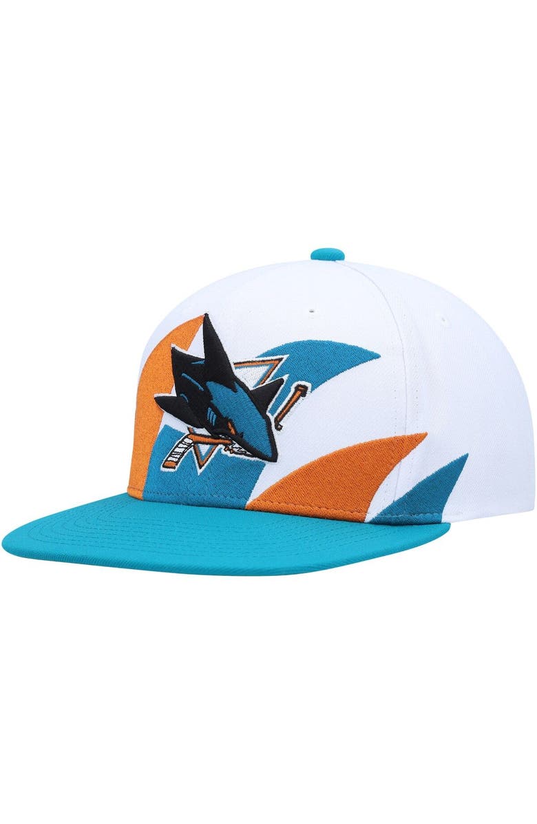 Mitchell & Ness Men's Mitchell & Ness White/Aqua San Jose Sharks Vintage Sharktooth Snapback Hat, Main, color,