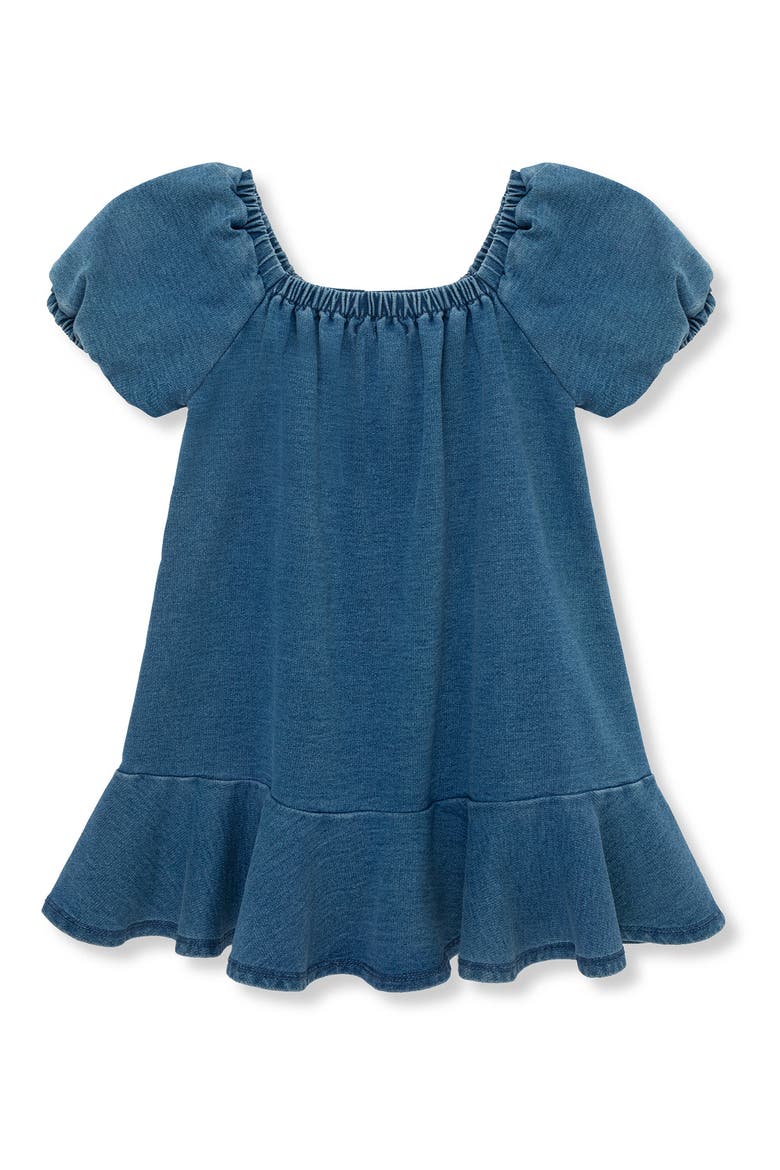 Kids' Bow Puff Sleeve Knit Denim Dress, Alternate, color, MED STONE