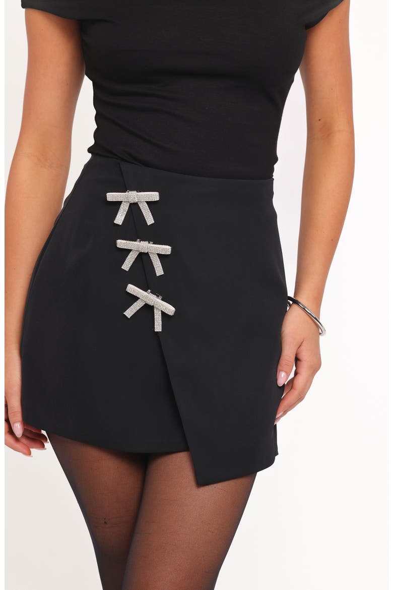 Tyra Embellished Bow Wrap Miniskirt, Alternate, color, BLACK