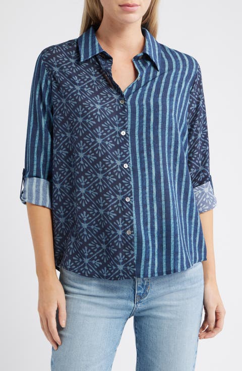 Print Roll Tab Sleeve Chiffon Button-Up Shirt