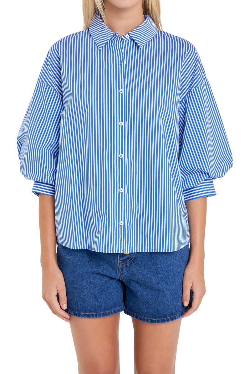 English Factory Stripe Balloon Sleeve Shirt, Alternate, color, Blue