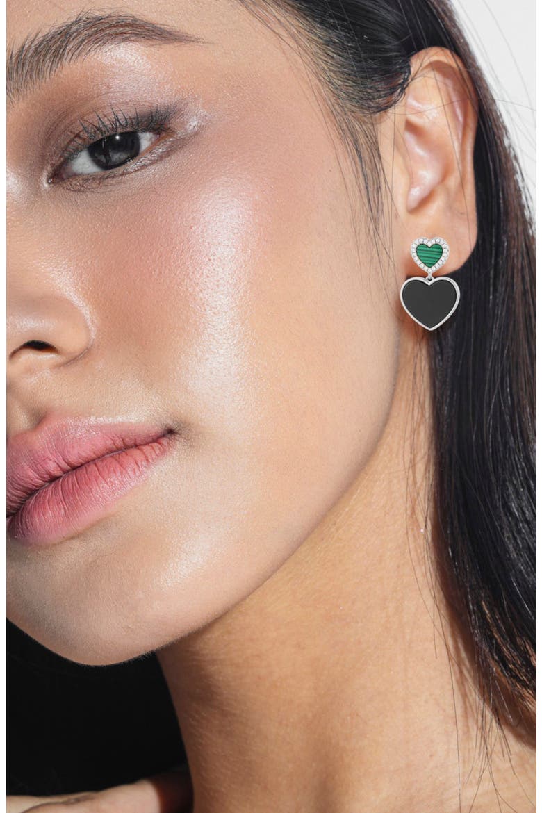 14k Gold Over Silver Malachite & Cubic Zirconia Heart Drop Earrings, Alternate, color, SILVER