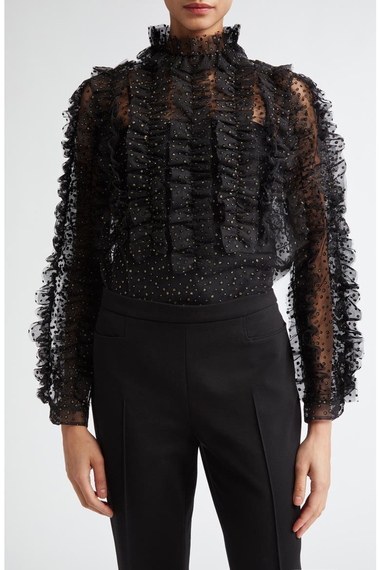 Embellished Sheer Ruffle Long Sleeve Tulle Top, Main, color, BLACK-GOLD