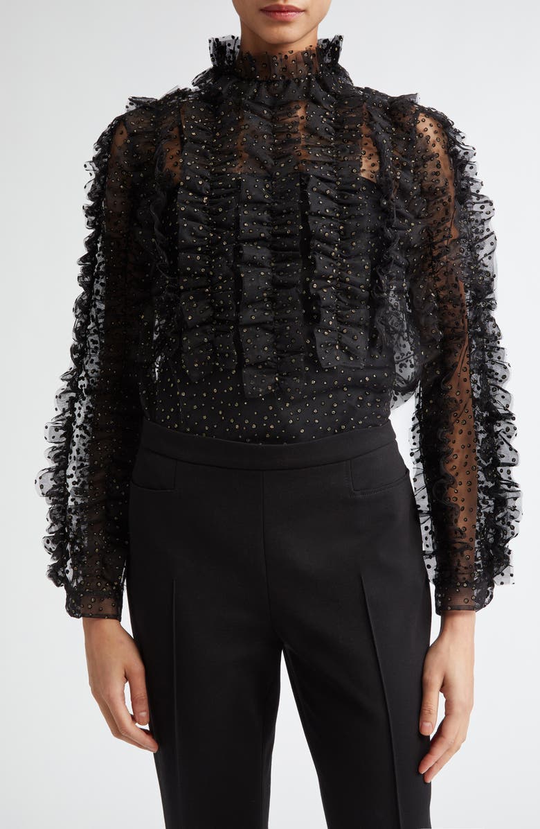 Akris punto Embellished Sheer Ruffle Long Sleeve Tulle Top, Main, color,