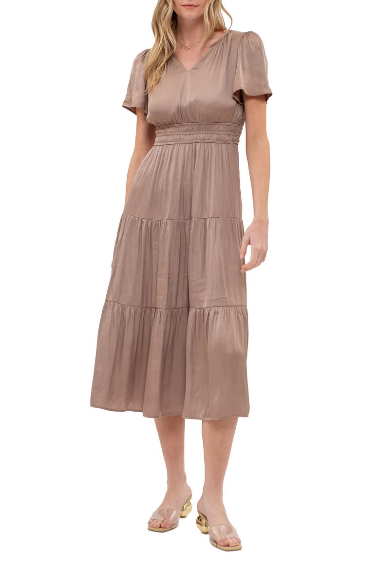Short Sleeve Empire Waist Midi Dress, Main, color, MOCHA