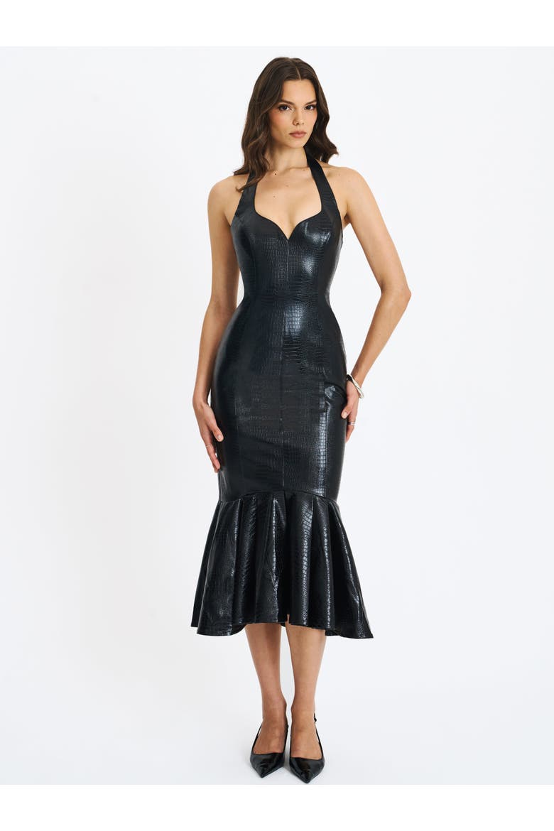 Gardenia Faux Leather Midi Sweetheart Halter Flared Dress, Alternate, color, Black