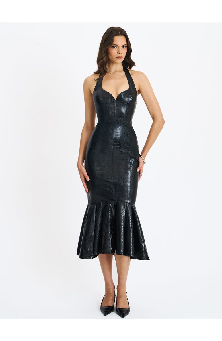 Miss Circle Gardenia Faux Leather Midi Sweetheart Halter Flared Dress, Alternate, color, Black