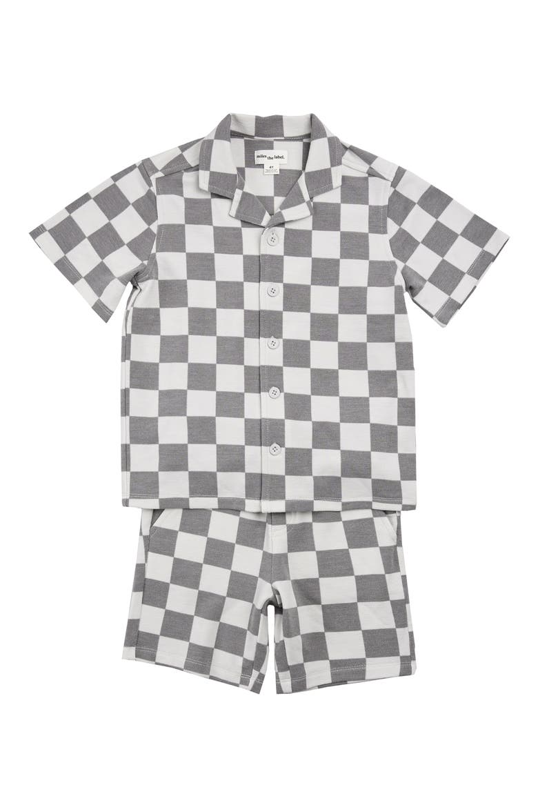 Checkerboard Print Button-Up Shirt & Shorts Set, Main, color, LIGHT GREY