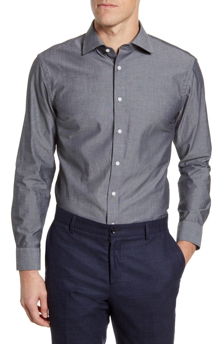 The Tie Bar Trim Fit Solid Chambray Dress Shirt, Main, color, 