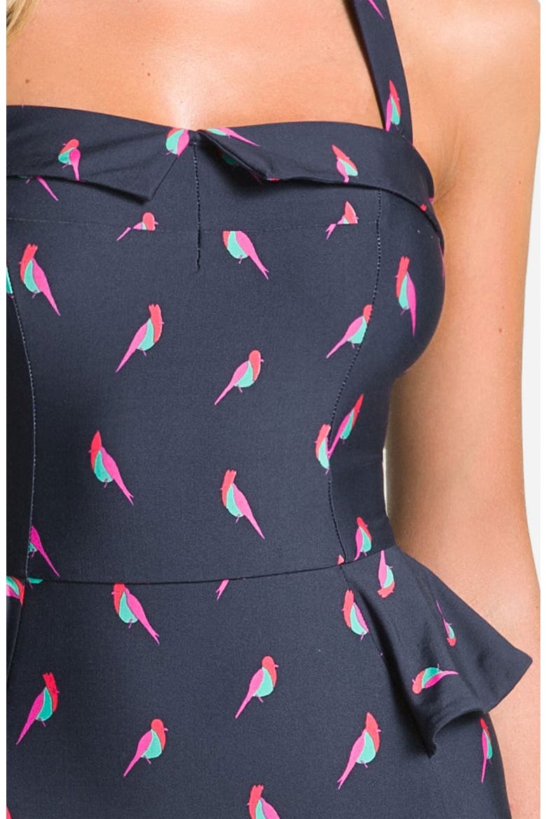 'Finch Charm' Peplum One Piece Swimsuit, Alternate, color, INK BIRD PRINT